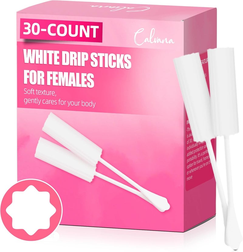 Calvana (30-Pack) White Drip Sticks for Females, Drip Stick Absorbing Sponge, Awkward Essentials, Soft and Comfortable Design, Long Handle Easy Grip, Individually Packaged - Image 1
